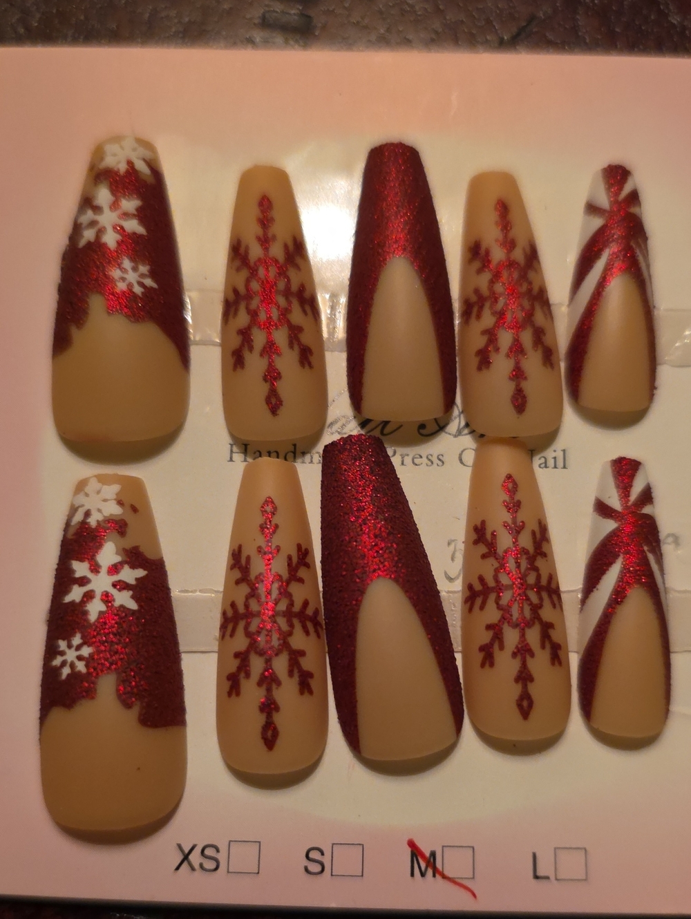 Handmade Holiday Red Glitter Snowflake Press-On Nails Size Me